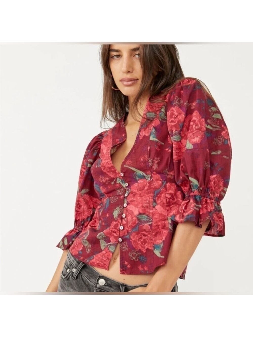 Free People I Found You Romantic Floral Cotton Milkmaid Blouse Crop Top Corset